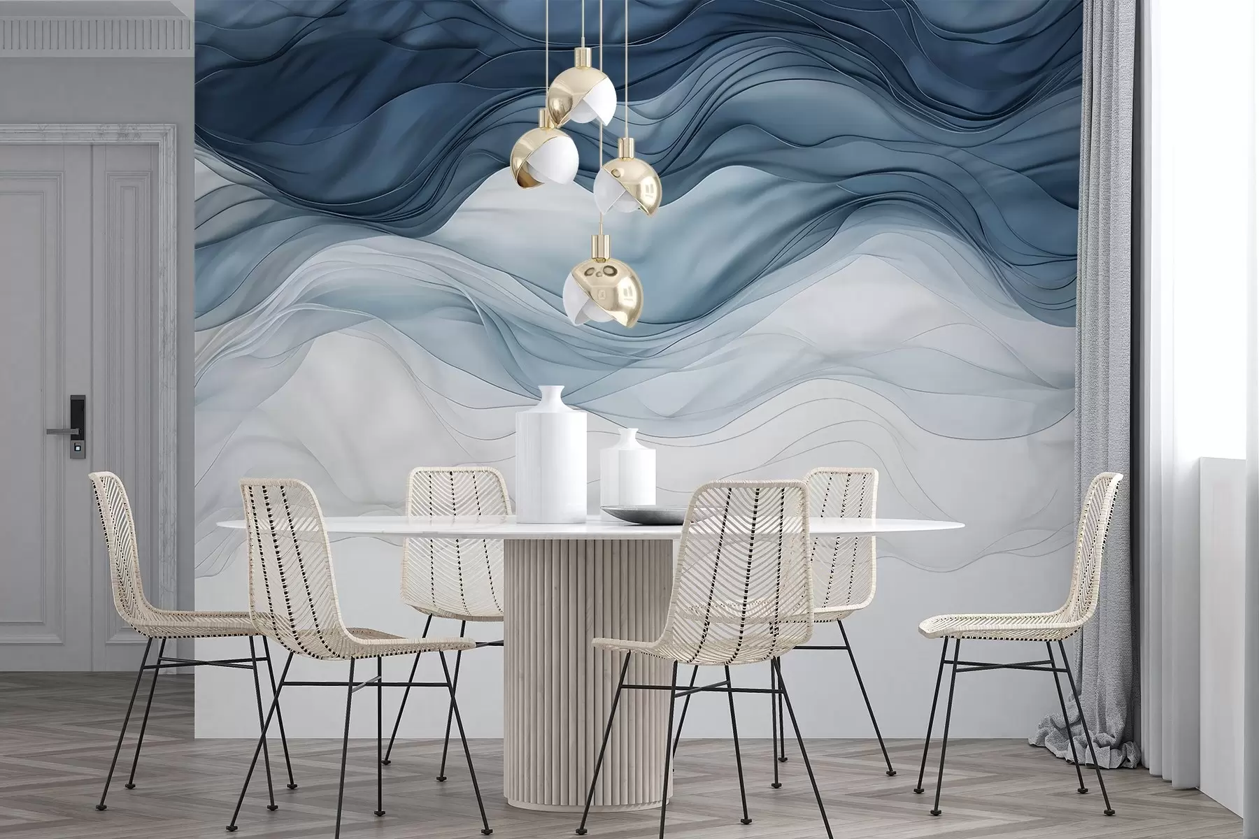 Fotobehang Vloeiende golven van doorschijnende texturen in donkerblauw, lichtblauw en wit op een lichte achtergrond w08775