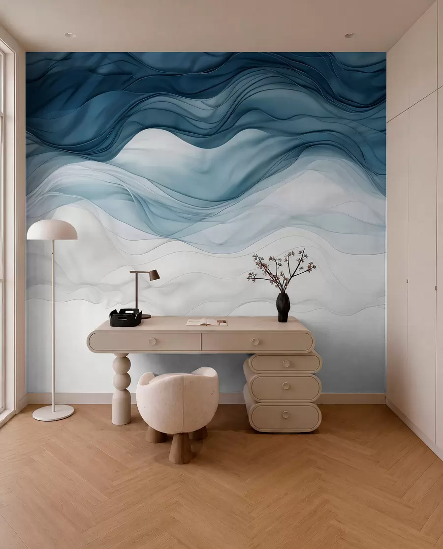 Fotobehang Vloeiende golven van doorschijnende texturen in donkerblauw, lichtblauw en wit op een lichte achtergrond w08775