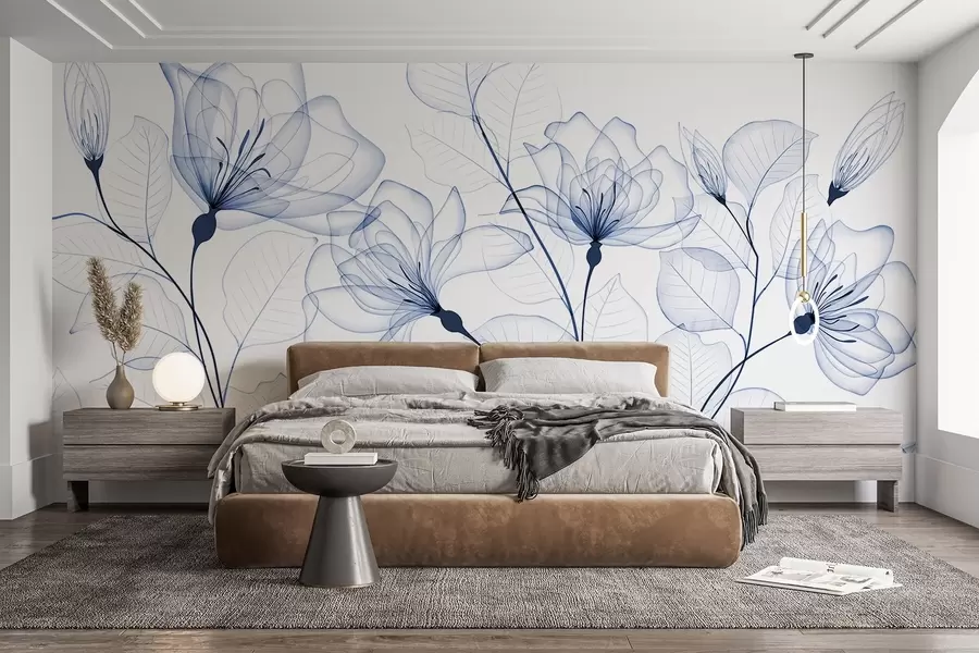 Fotobehang Delicate minimalistische blauwe bloemen met transparante bloemblaadjes en bladeren, tegen een witte achtergrond w08776