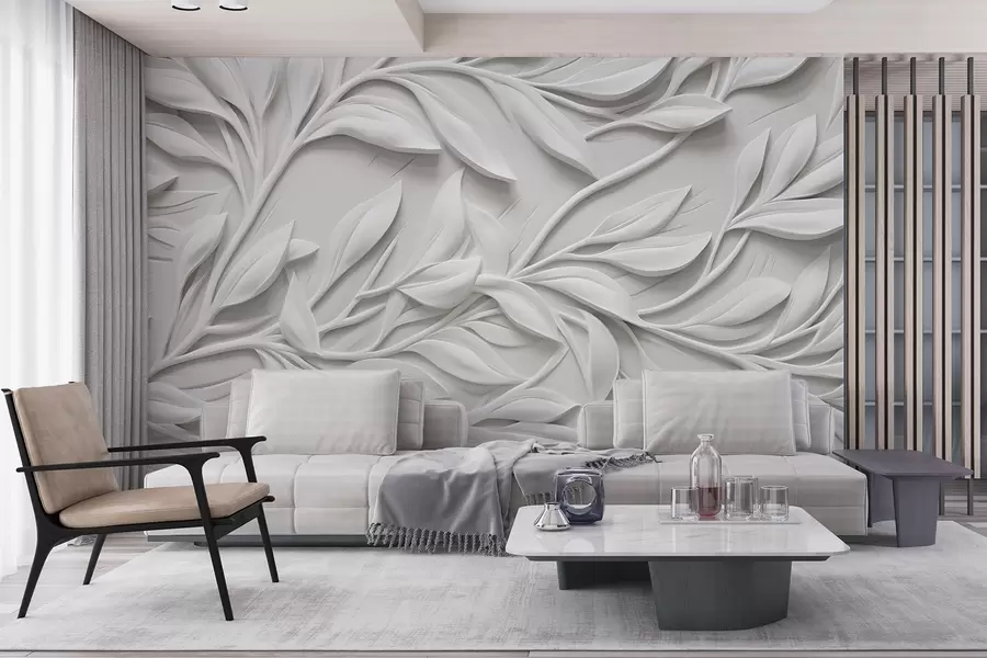 Fotobehang Witte textuurprint met bladeren en takken, die een volumineus imitatie-effect creëert op een textuurachtergrond w08778