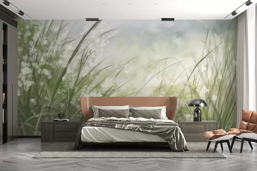 Fotobehang Weelderig groen gras met delicate witte bloemen, zacht vervaagde print met lichte tinten, waardoor een rustig landschap ontstaat w08779
