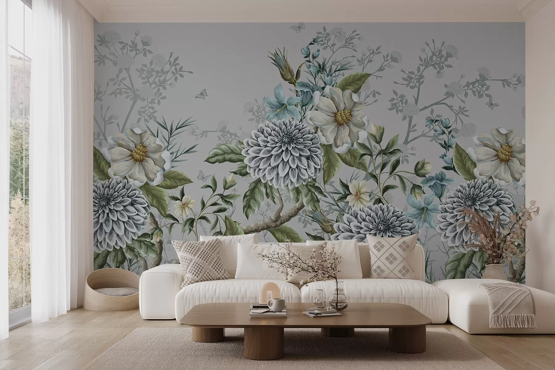 Fotobehang Een bloemenprint met chrysanten, delicate blauwe bloemen en groene bladeren verweven met takken w08782