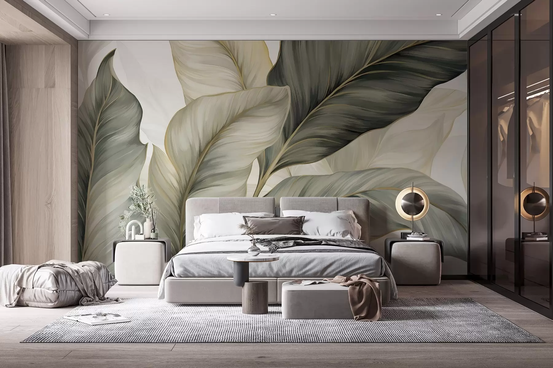Fotobehang Grote, gestileerde gestructureerde bladeren met gedetailleerde nerven in verschillende tinten groen, crème en beige w08785