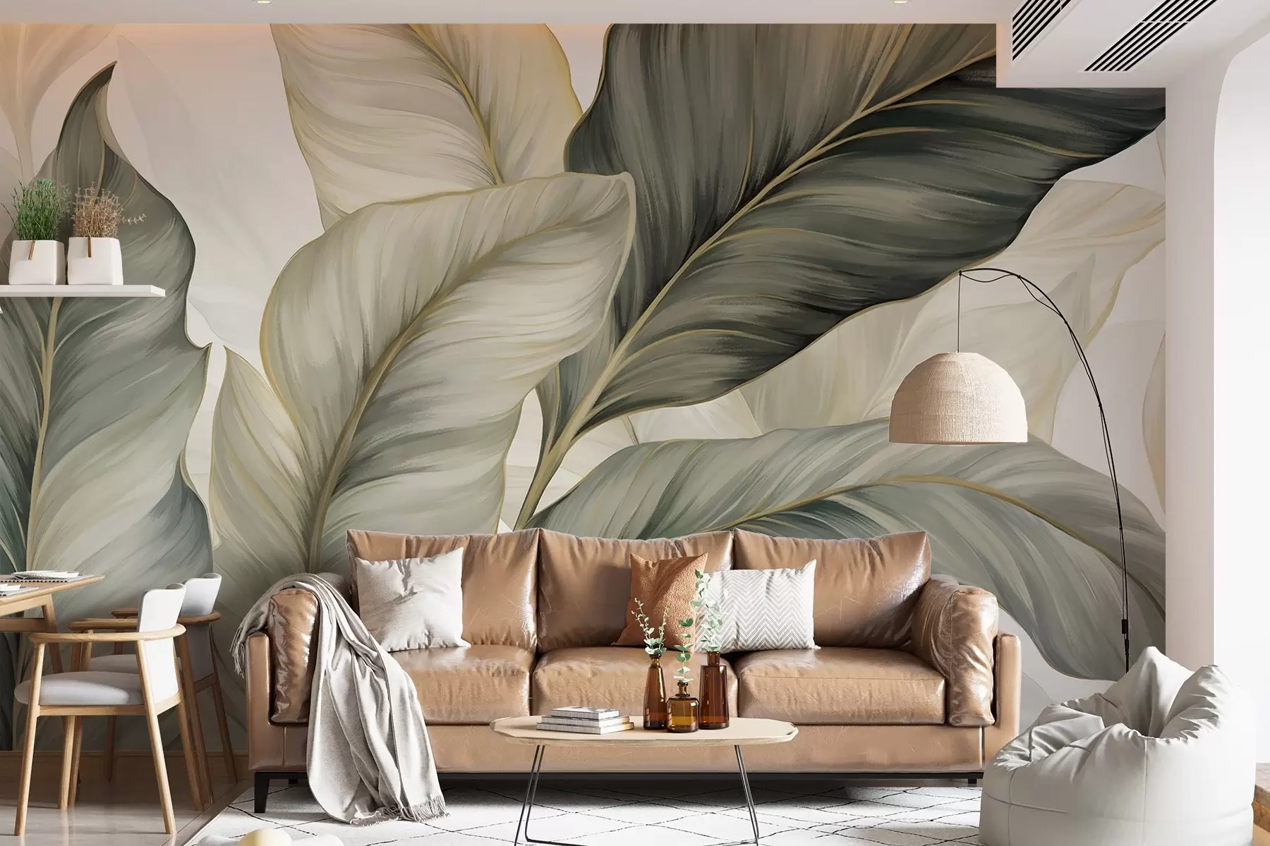 Fotobehang Grote, gestileerde gestructureerde bladeren met gedetailleerde nerven in verschillende tinten groen, crème en beige w08785