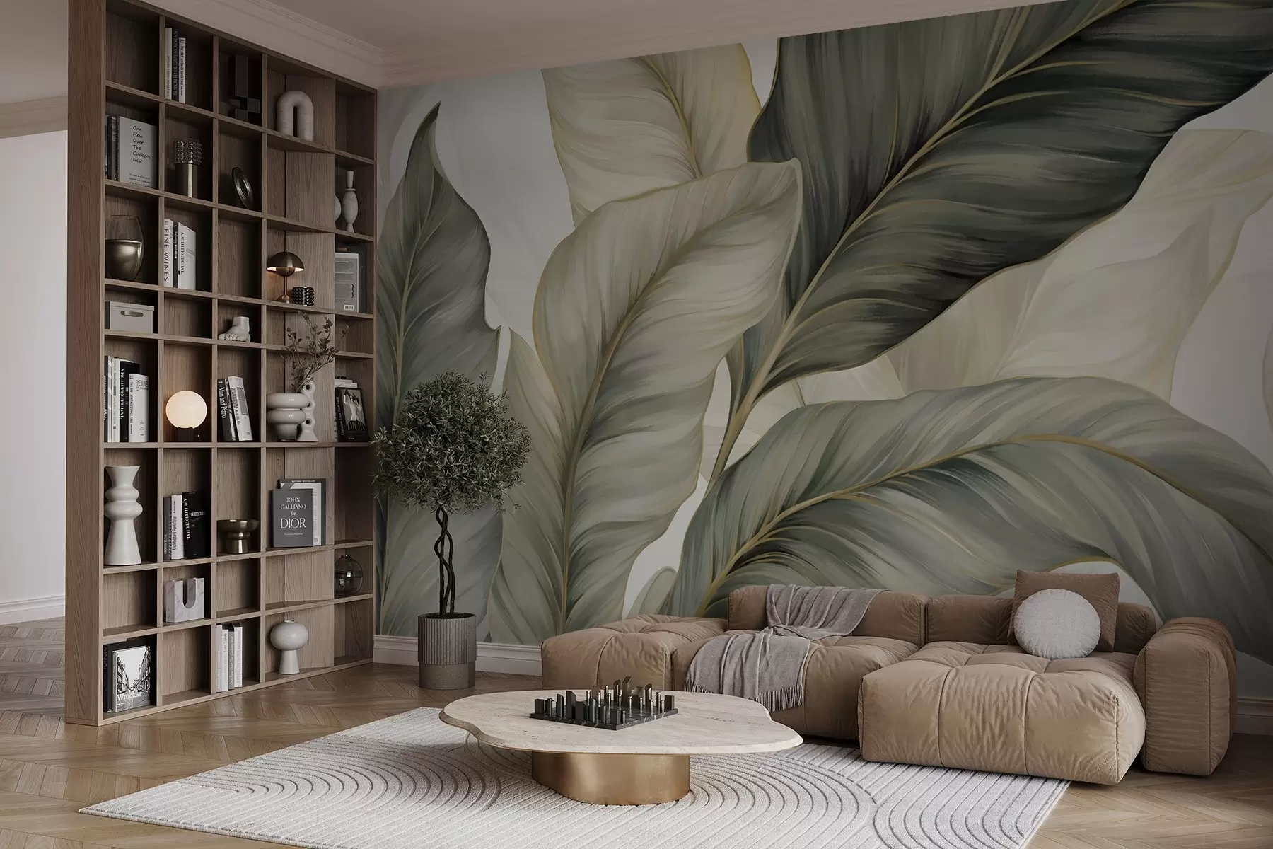 Fotobehang Grote, gestileerde gestructureerde bladeren met gedetailleerde nerven in verschillende tinten groen, crème en beige w08785