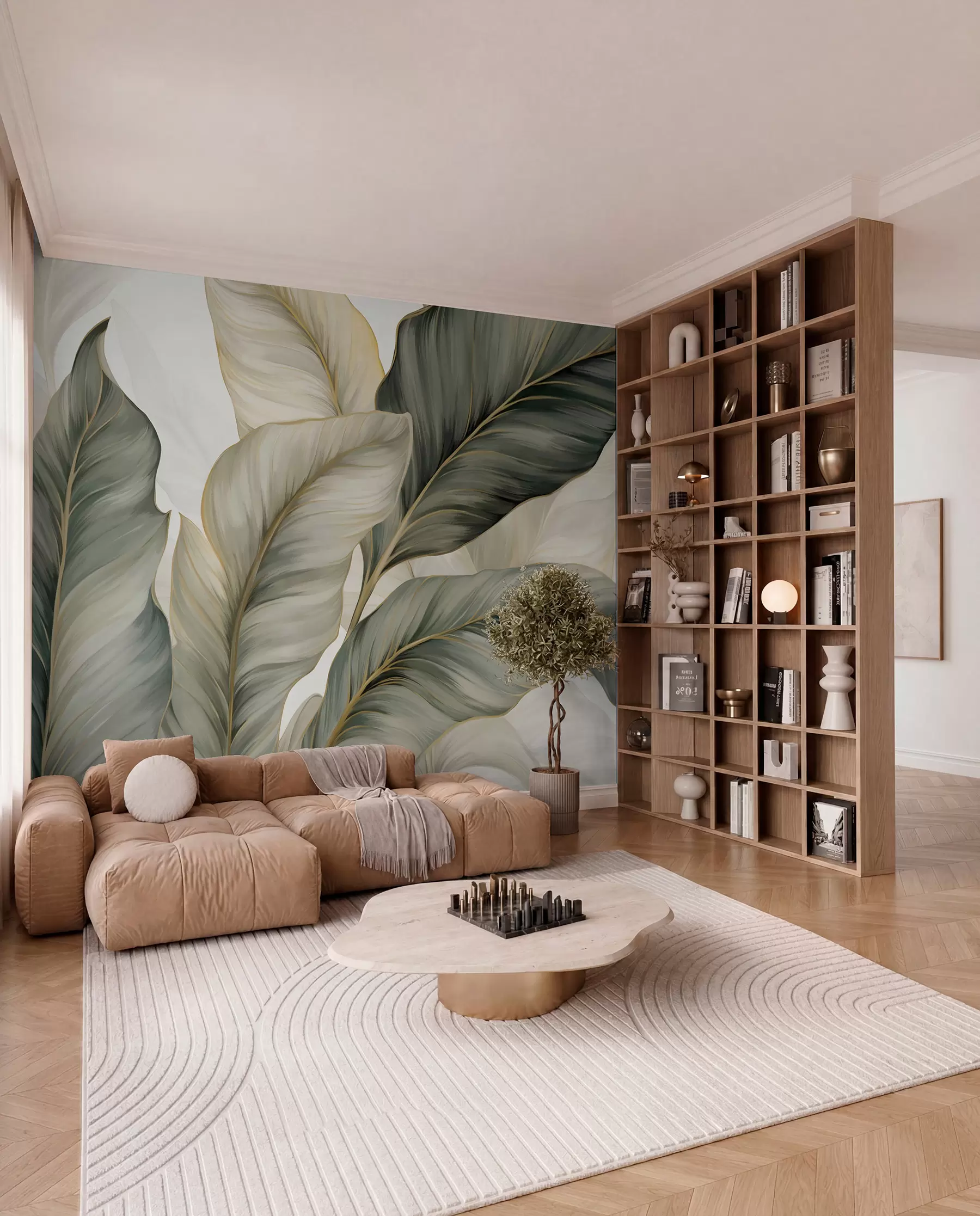 Fotobehang Grote, gestileerde gestructureerde bladeren met gedetailleerde nerven in verschillende tinten groen, crème en beige w08785