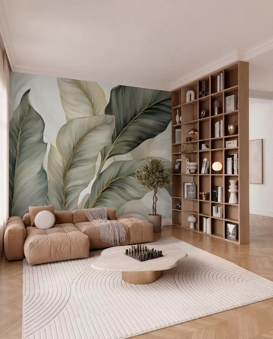 Fotobehang Grote, gestileerde gestructureerde bladeren met gedetailleerde nerven in verschillende tinten groen, crème en beige w08785