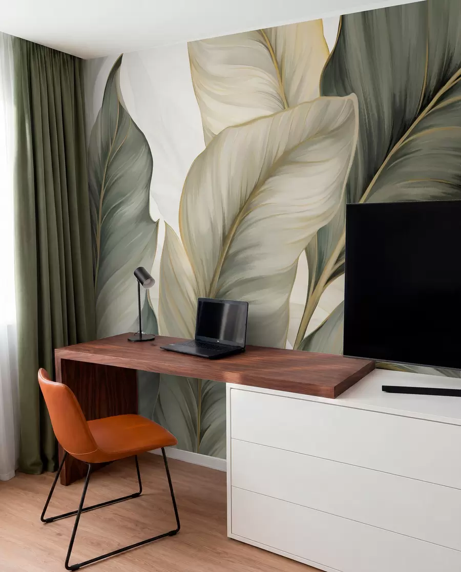 Fotobehang Grote, gestileerde gestructureerde bladeren met gedetailleerde nerven in verschillende tinten groen, crème en beige w08785