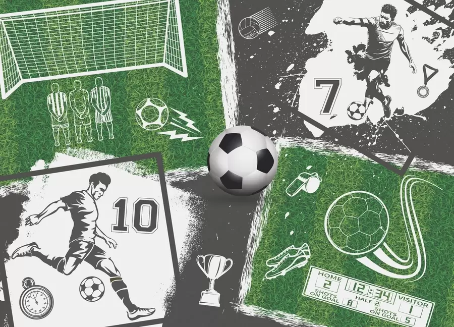 Fotobehang Voetbalspelers, bal en veld w03121