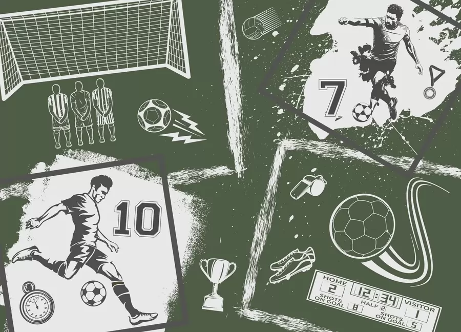 Fotobehang Voetbalspelers, bal en andere voetbalattributen in groene tinten w03122v2