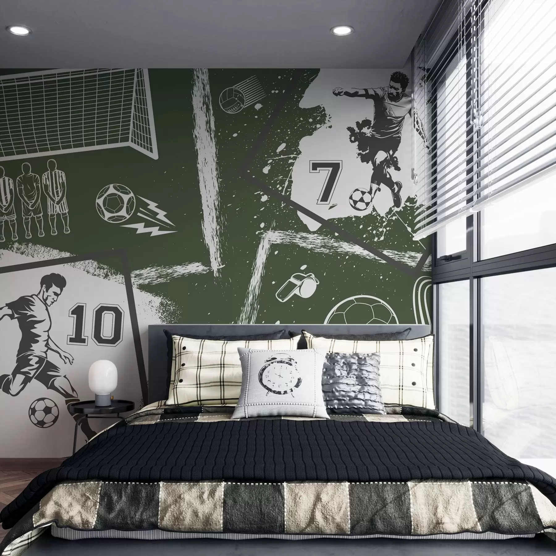 Papier peint photo Joueurs de football, ballon et autres attributs du football dans les tons verts w03122v2