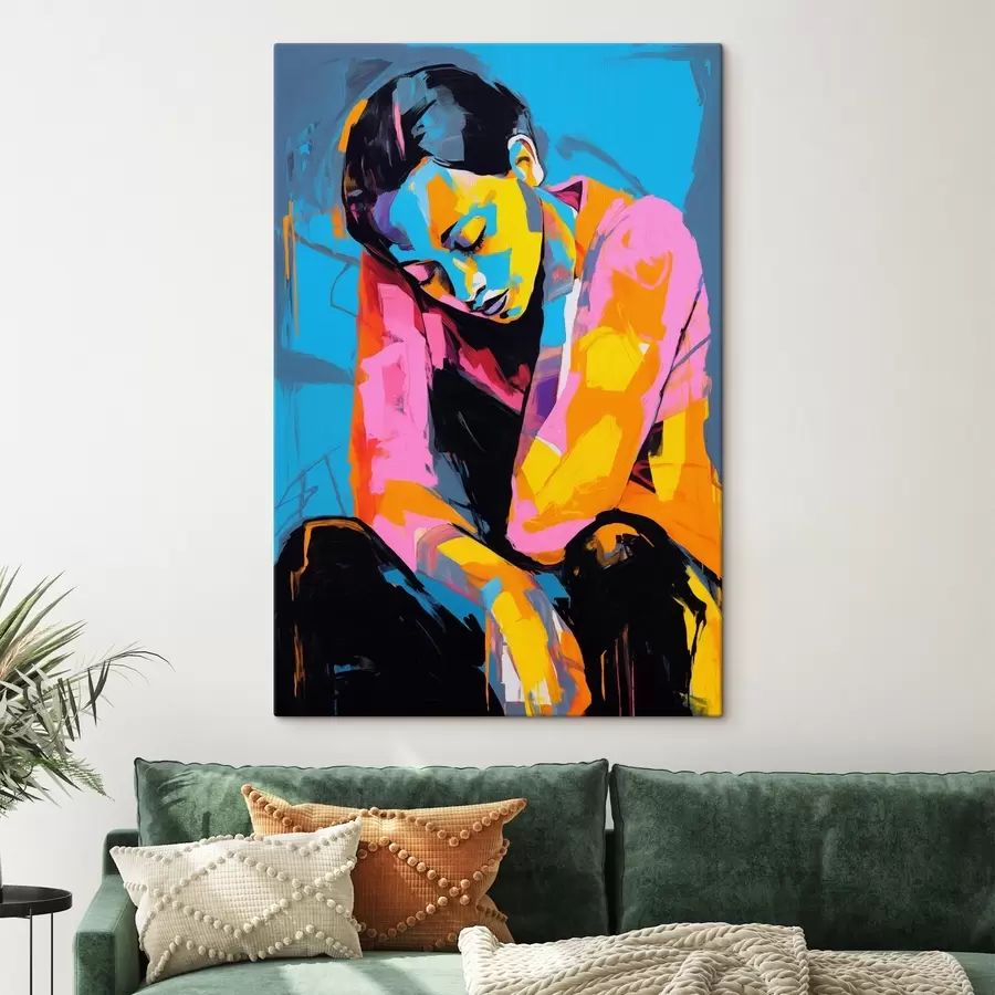  Schilderijen Abstract portret van een nadenkend persoon in levendige kleuren s42936