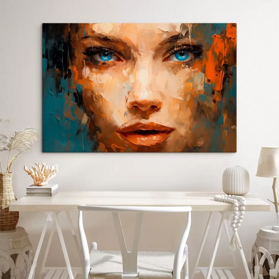  Peintures Portrait abstrait d'une femme avec des coups de pinceau audacieux et des yeux bleus saisissants s42939