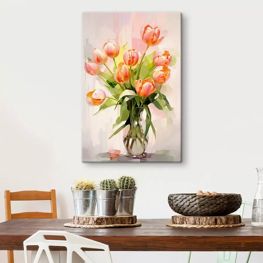  Peintures Nature morte peinte avec des tulipes dans un vase en verre sur un fond clair s42940