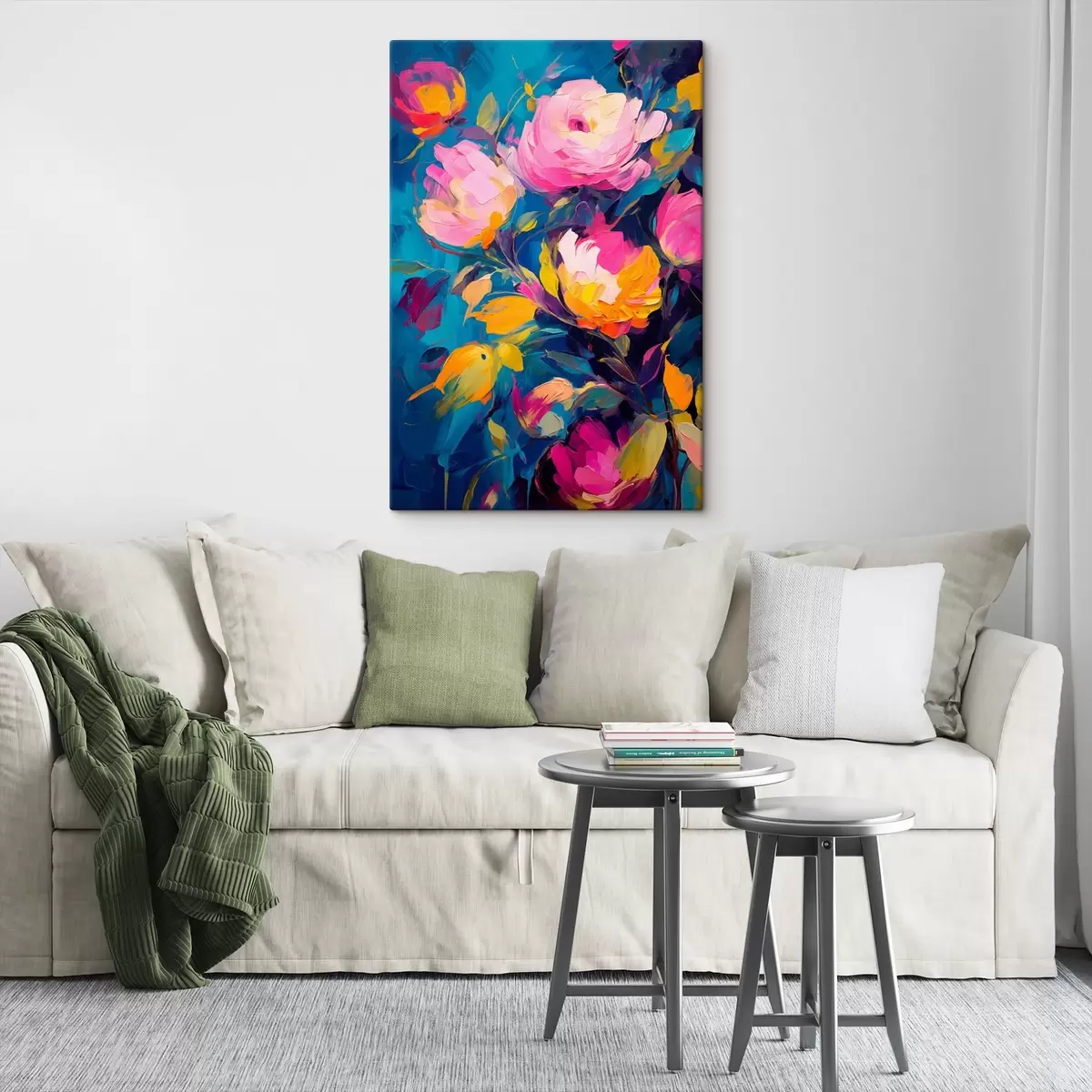  Schilderijen Abstract schilderij met levendige bloemen op een blauwe achtergrond s42941