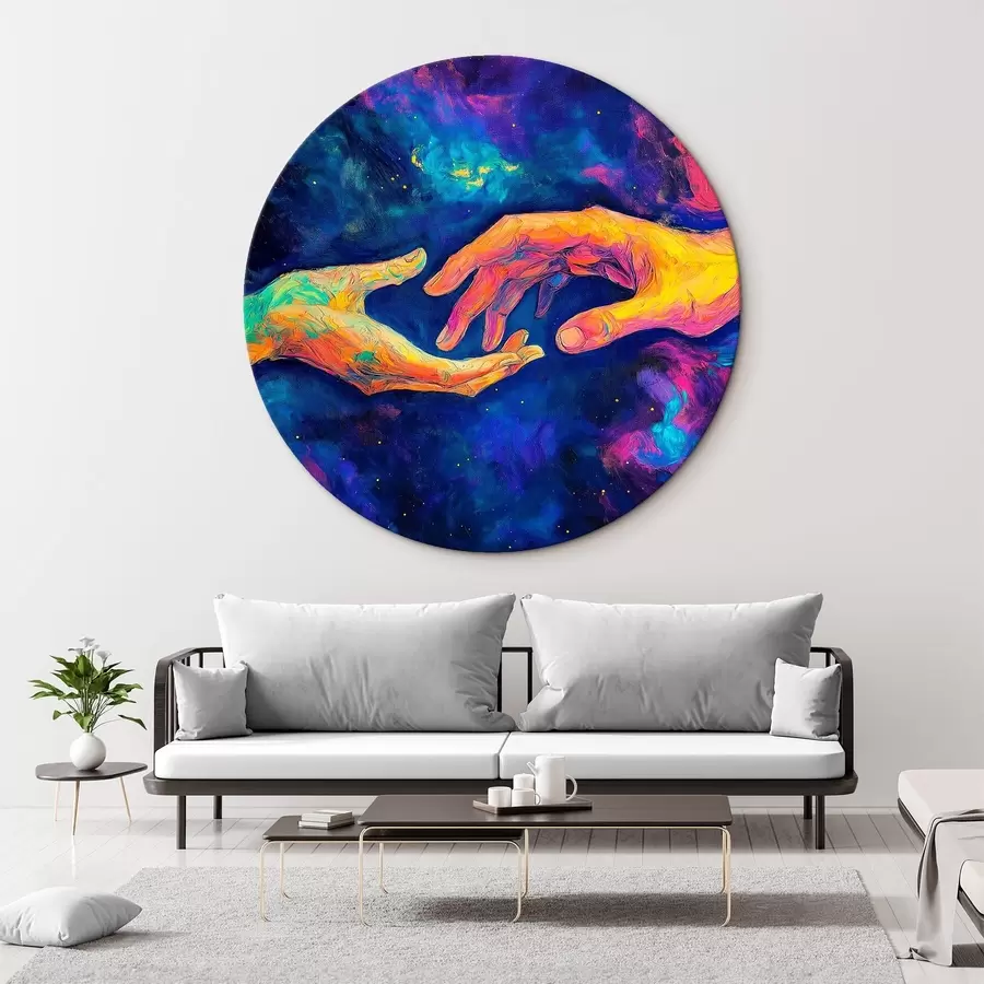  Peintures Composition abstraite de deux mains qui se tendent l'une vers l'autre, dans une palette de couleurs vibrantes sur un fond cosmique r42937