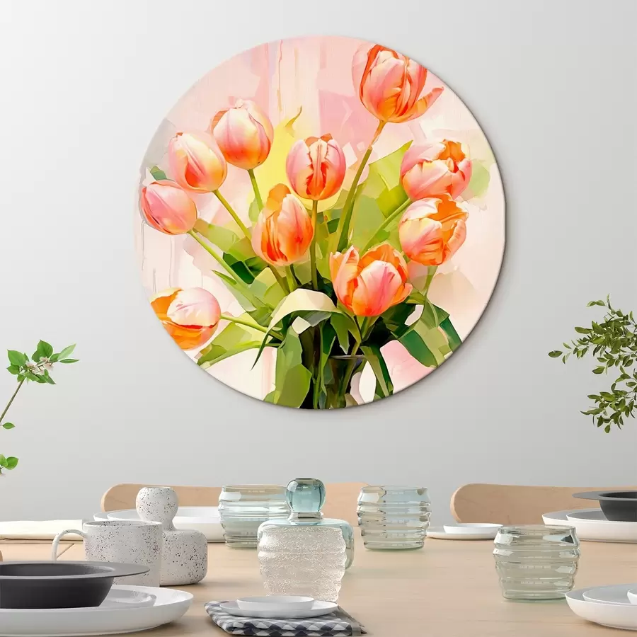  Schilderijen Schilderachtig stilleven met tulpen in een glazen vaas op een lichte achtergrond r42940