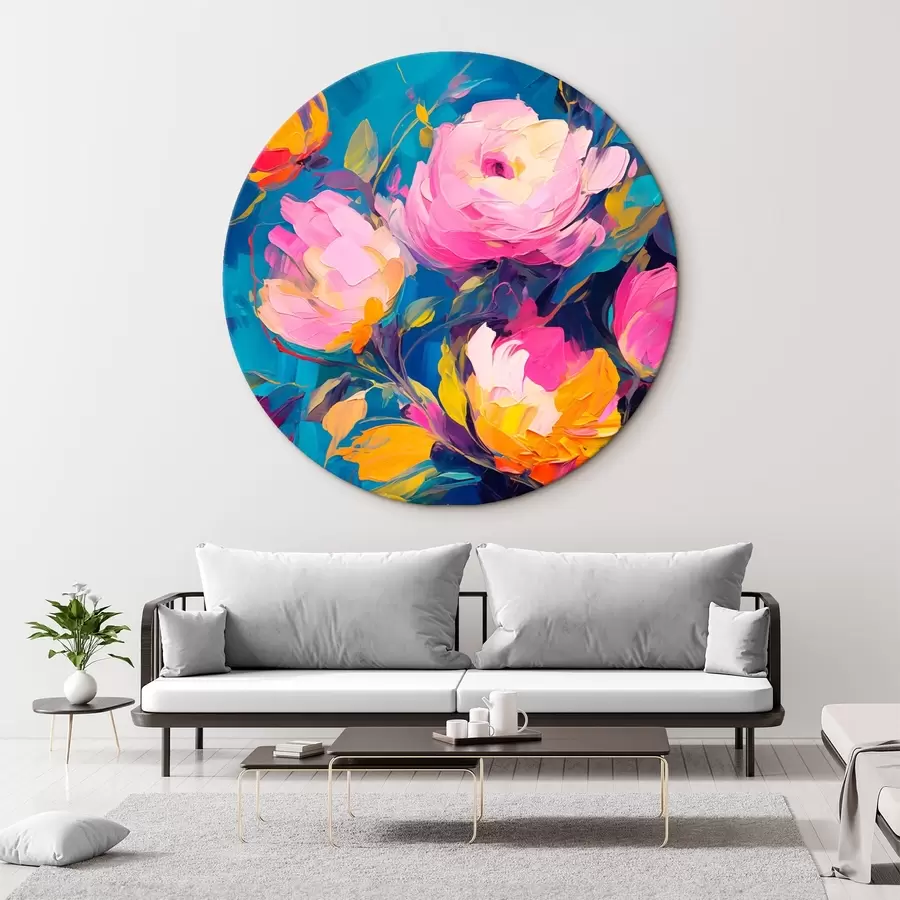  Schilderijen Abstract schilderij met levendige bloemen op een blauwe achtergrond r42941