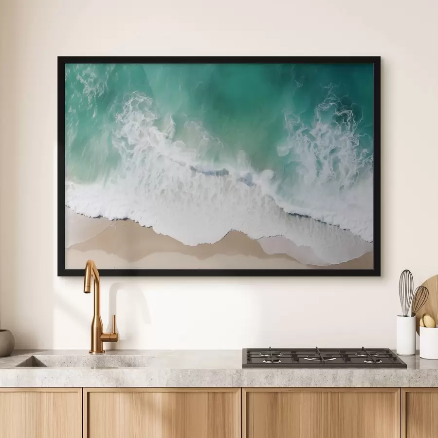  Peintures Vue aérienne d'un bord de mer avec des vagues turquoises roulant doucement sur la plage de sable f42930