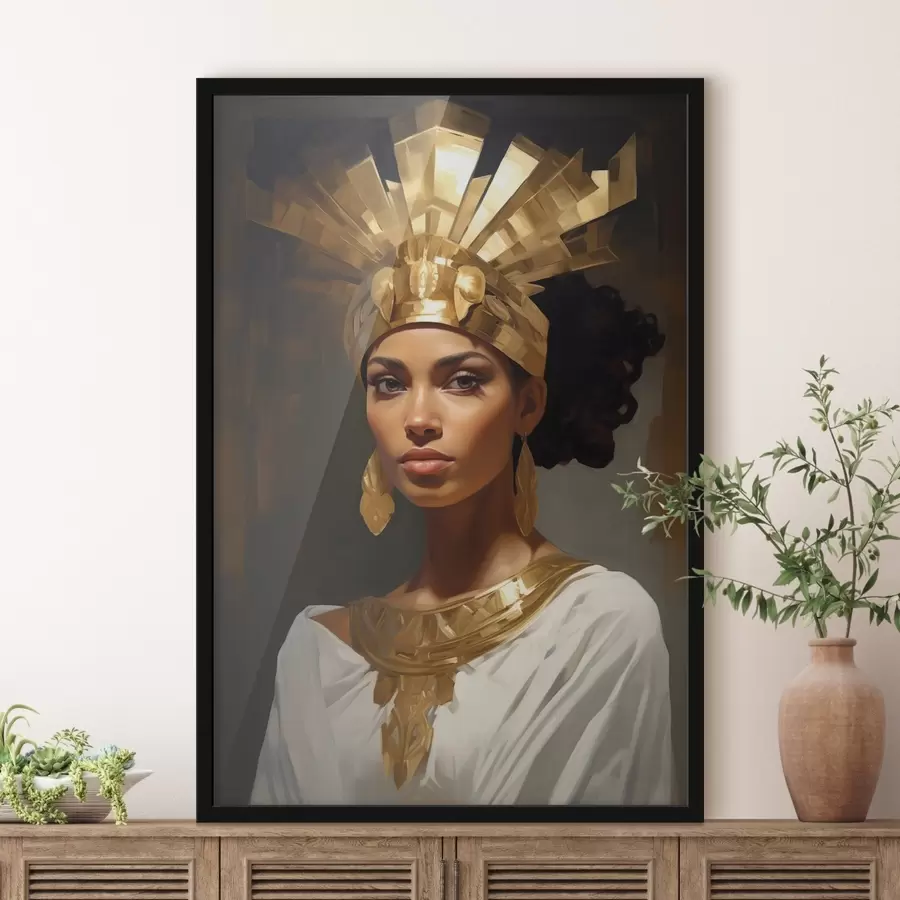 Fotobehang Portret van een vrouw met een majestueus hoofddeksel en traditionele ornamenten f42931