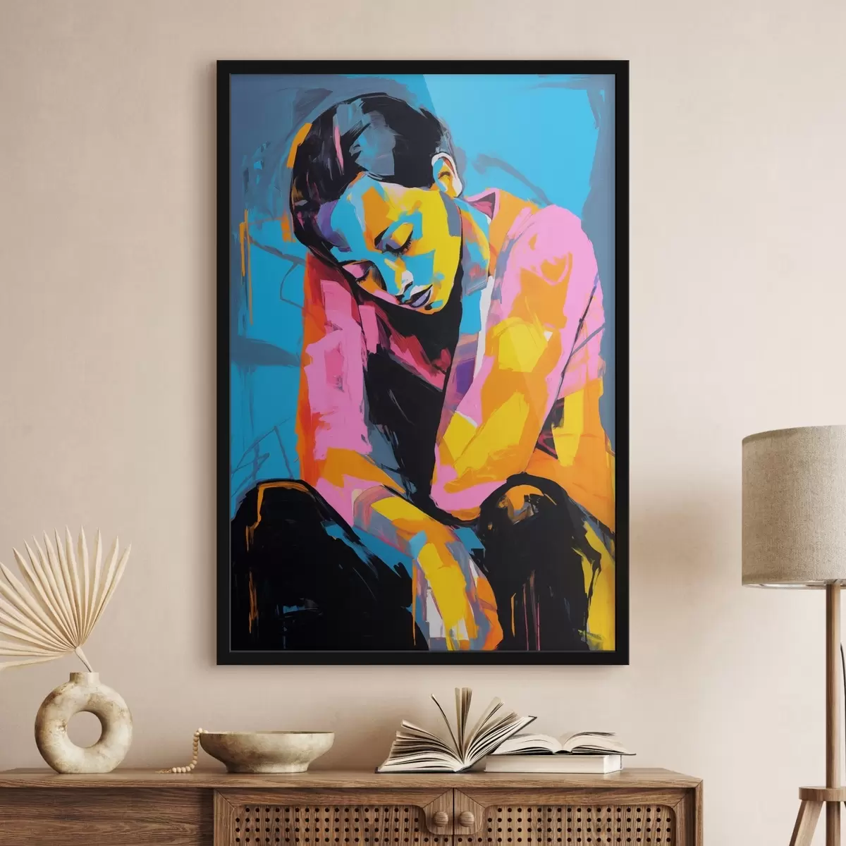 Affiche Portrait abstrait d'une personne pensive dans des couleurs vibrantes f42936