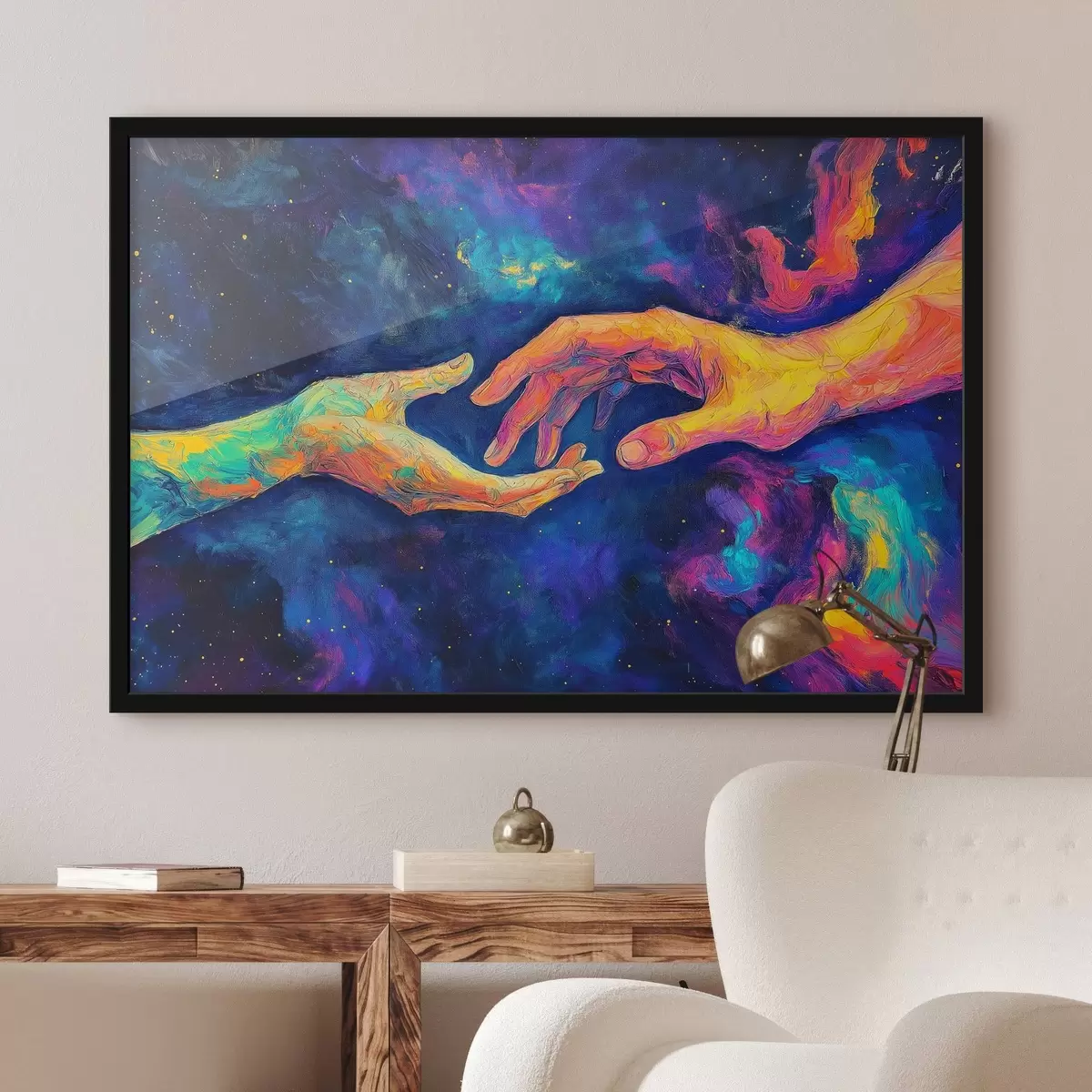 Affiche Composition abstraite de deux mains qui se tendent l'une vers l'autre, dans une palette de couleurs vibrantes sur un fond cosmique f42937