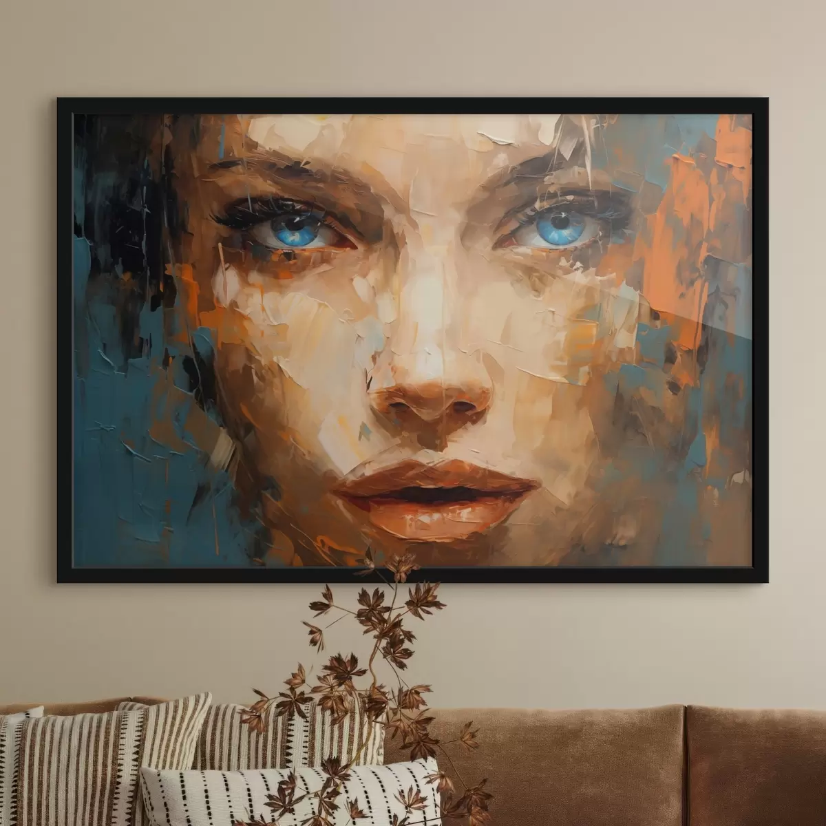 Affiche Portrait abstrait d'une femme avec des coups de pinceau audacieux et des yeux bleus saisissants f42939