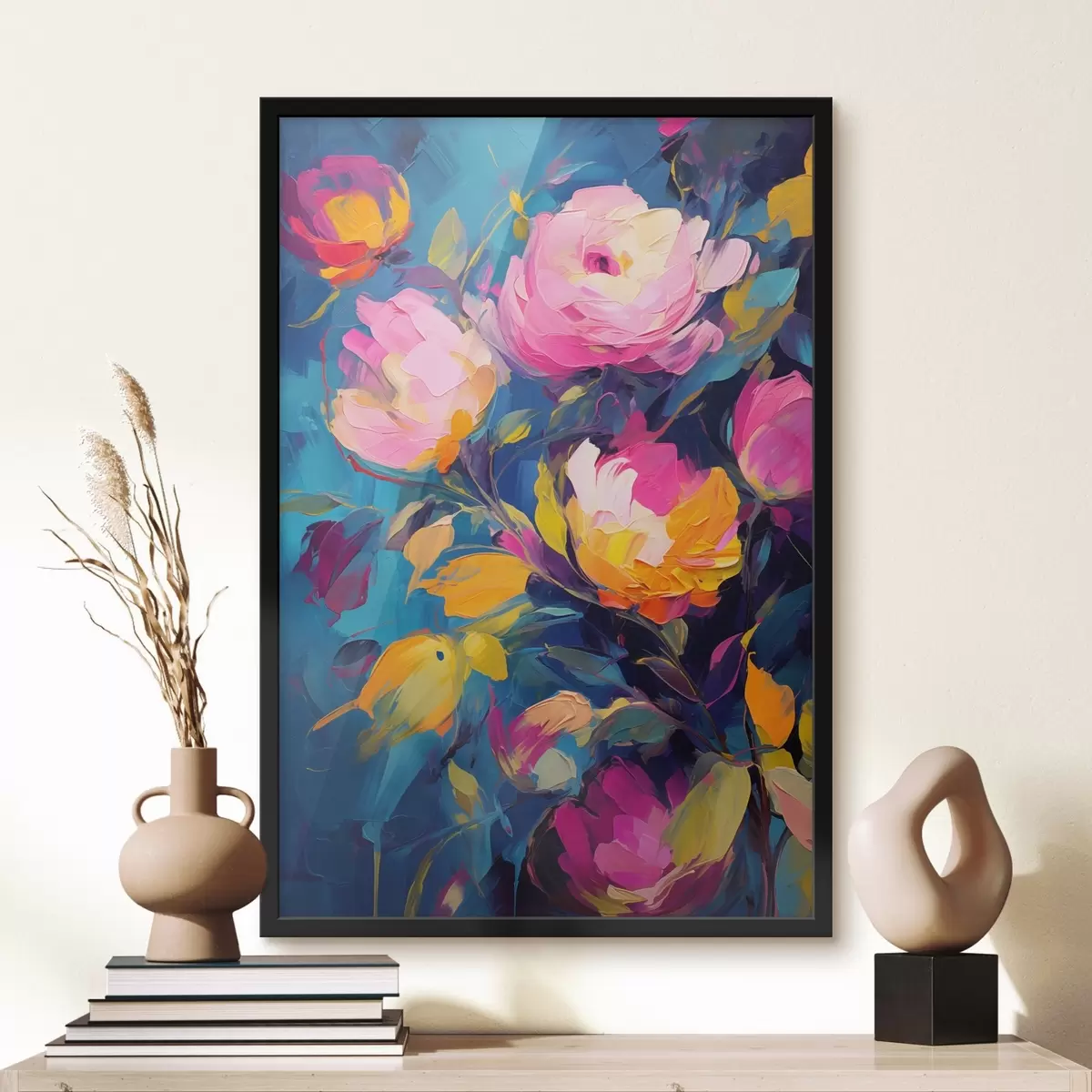 Affiche Peinture abstraite avec des fleurs vibrantes sur fond bleu f42941