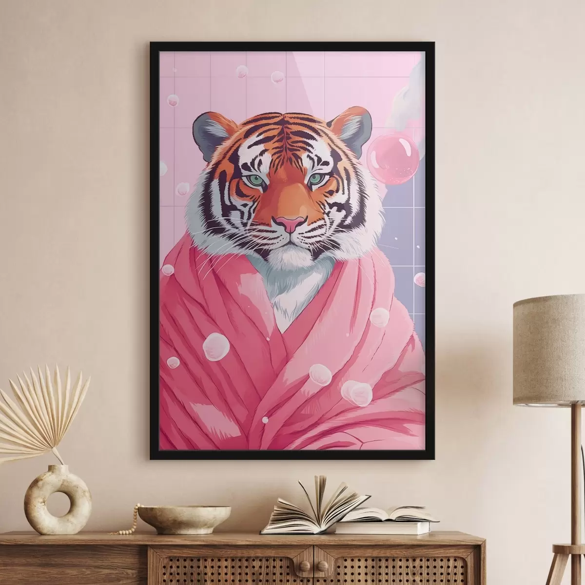 Poster Tijger in een roze handdoek f42942