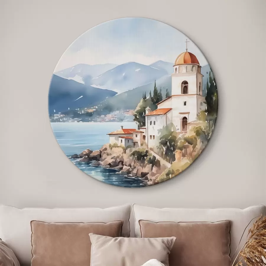  Peintures Église en bord de mer avec les montagnes en arrière-plan r42962