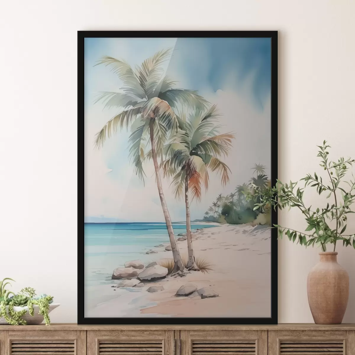 Poster Palmbomen aan zee imitatie van aquarel f42958