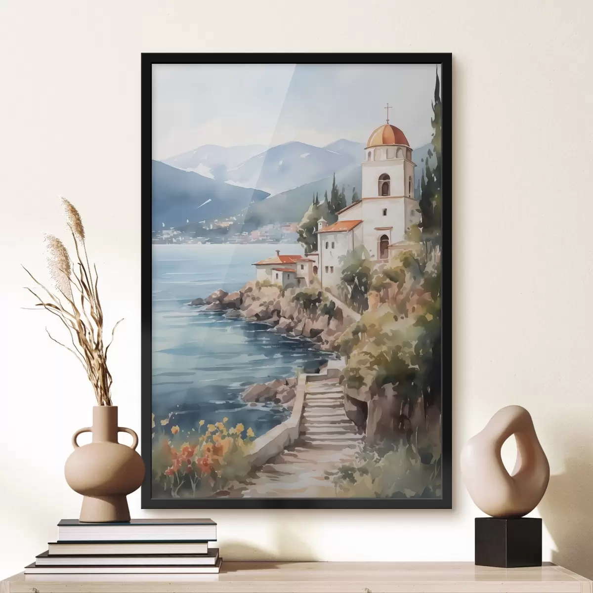 Poster Kerk aan zee met bergen op de achtergrond f42962