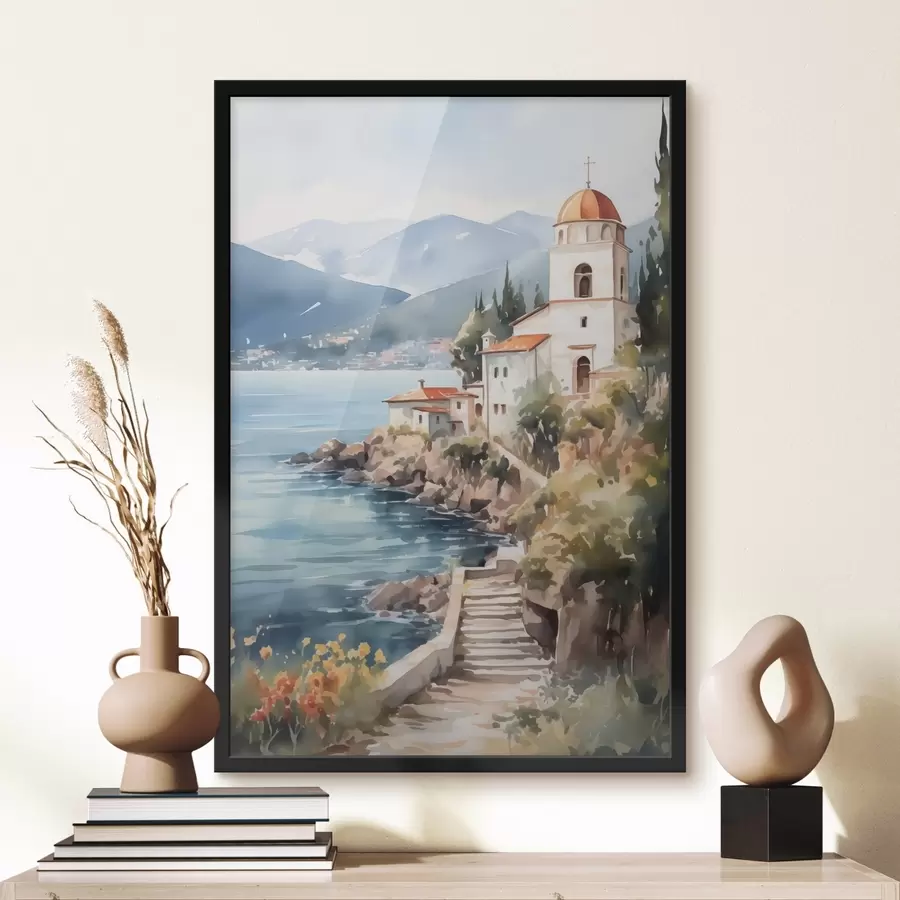 Papier peint photo Église en bord de mer avec les montagnes en arrière-plan f42962