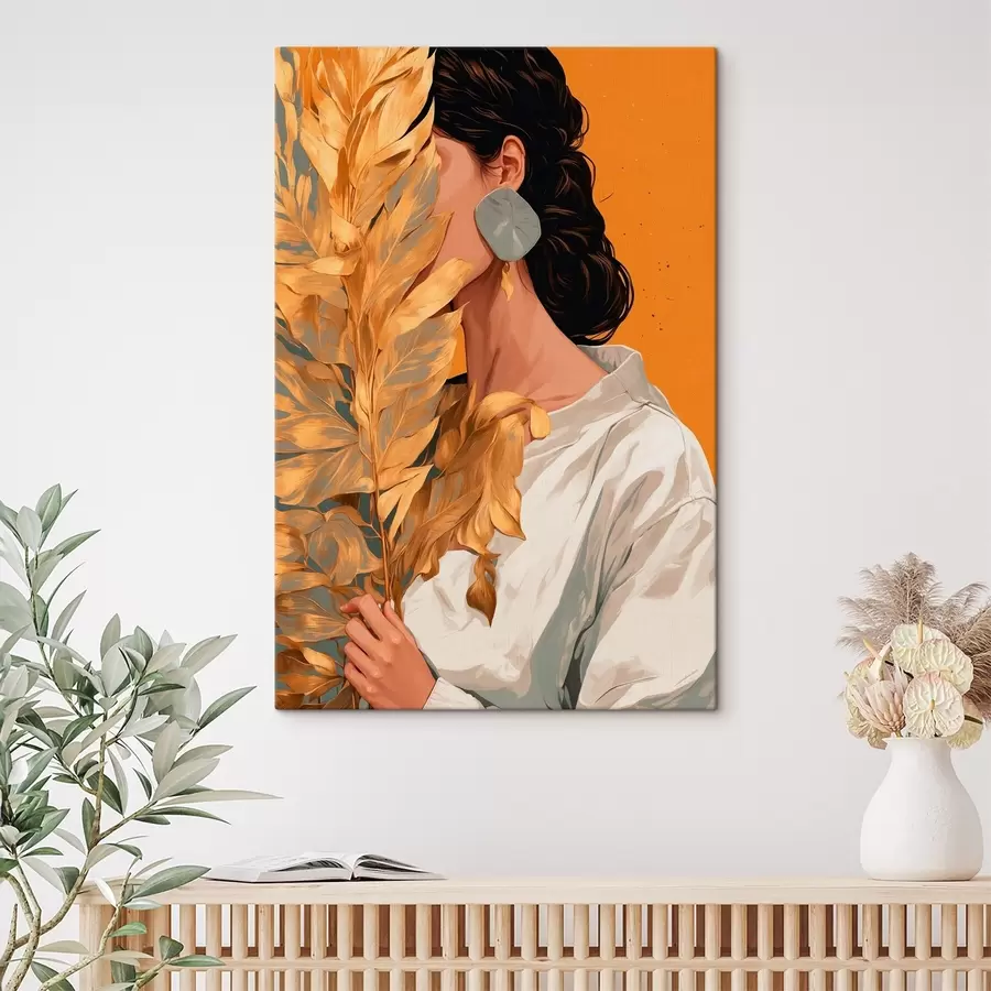  Peintures Fille avec une feuille tropicale s42765