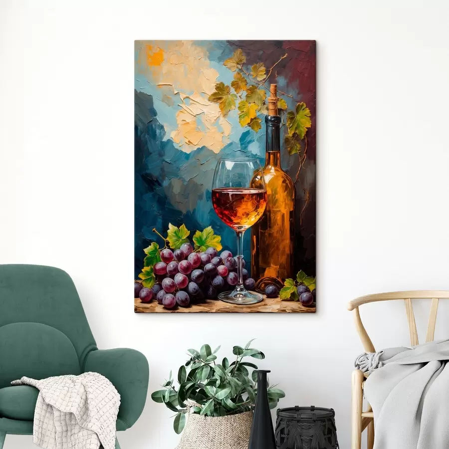  Peintures Raisins, verre et bouteille de vin sur fond acrylique abstrait s42772