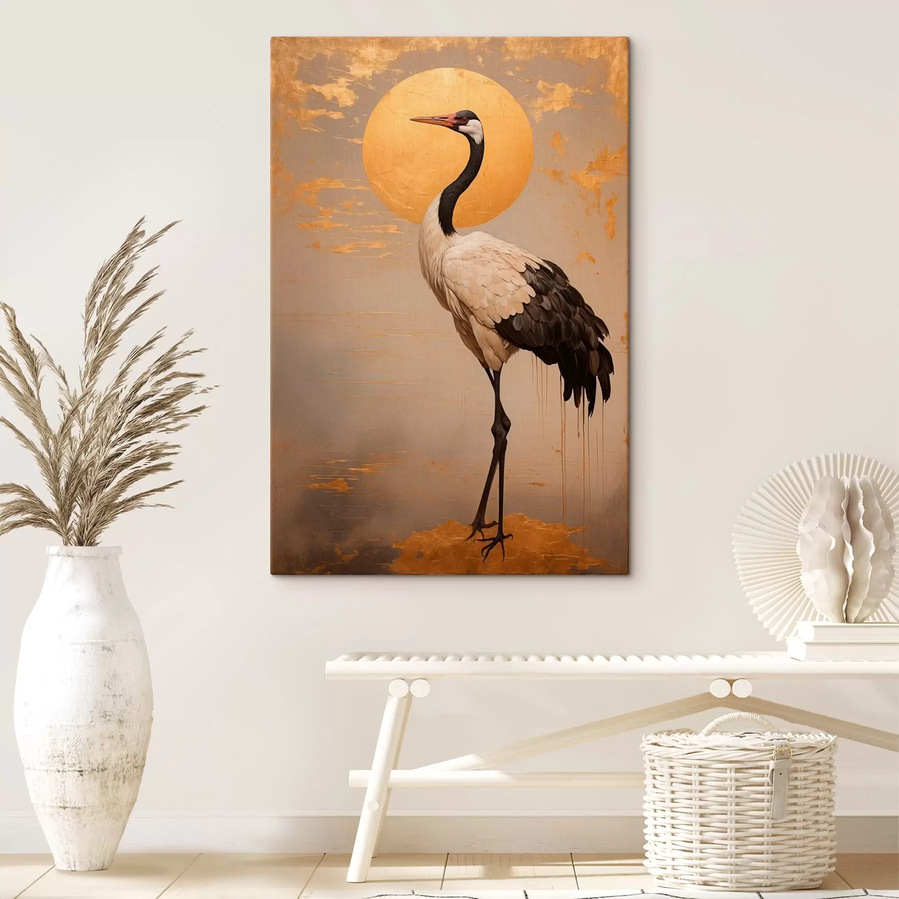 Fotobehang Kraanvogel tegen de achtergrond van de zon in acrylverfstijl s42773
