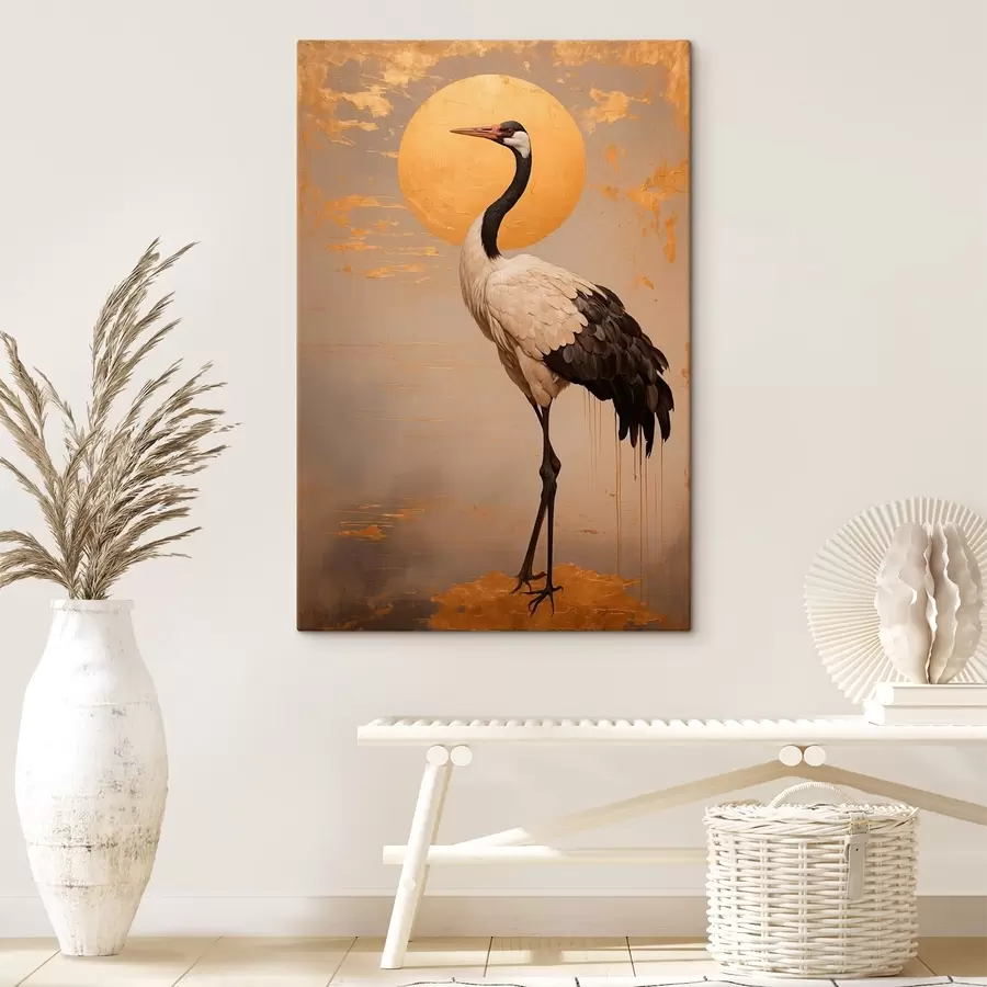  Schilderijen Kraanvogel tegen de achtergrond van de zon in acrylverfstijl s42773