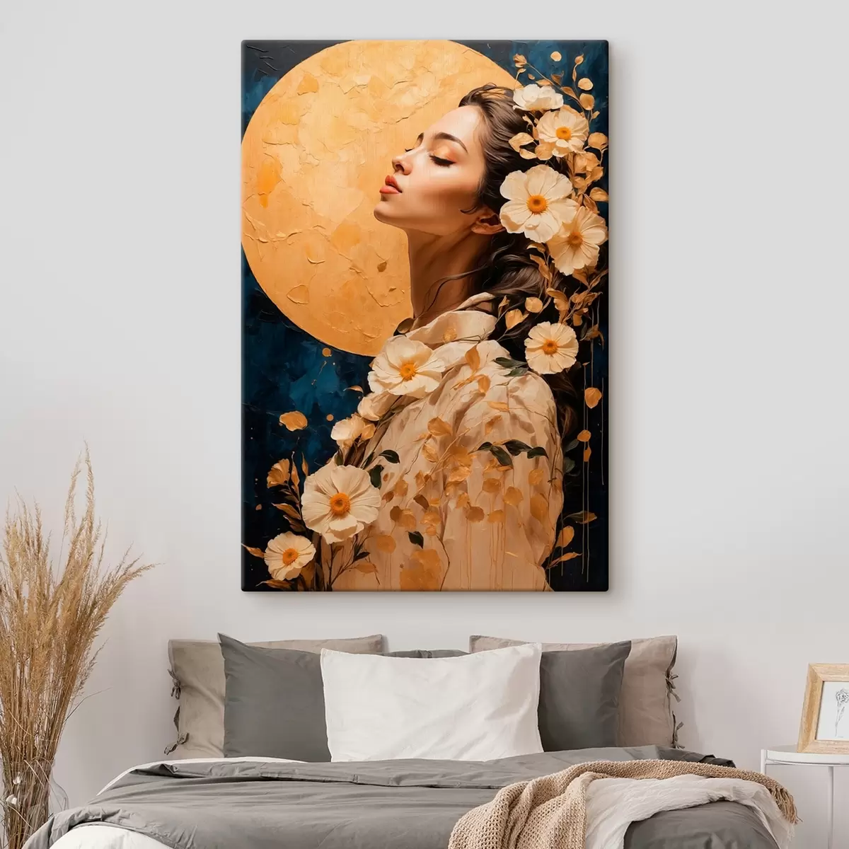  Peintures Fille avec des fleurs sur fond de lune s42774