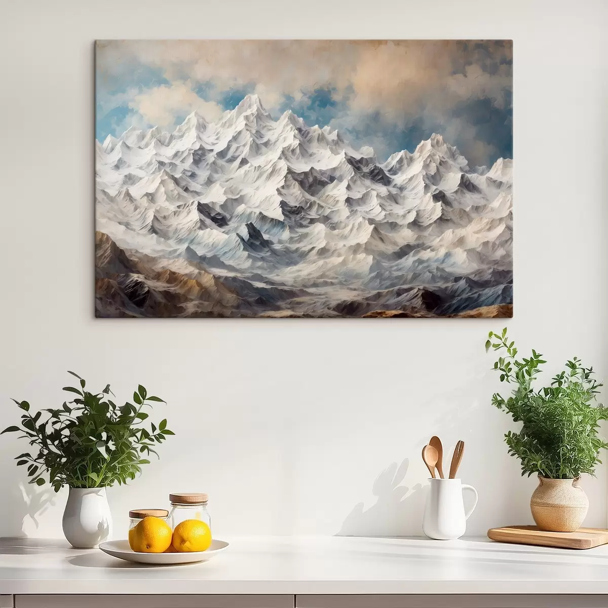  Schilderijen Besneeuwde bergen in acrylschilderstijl s42775