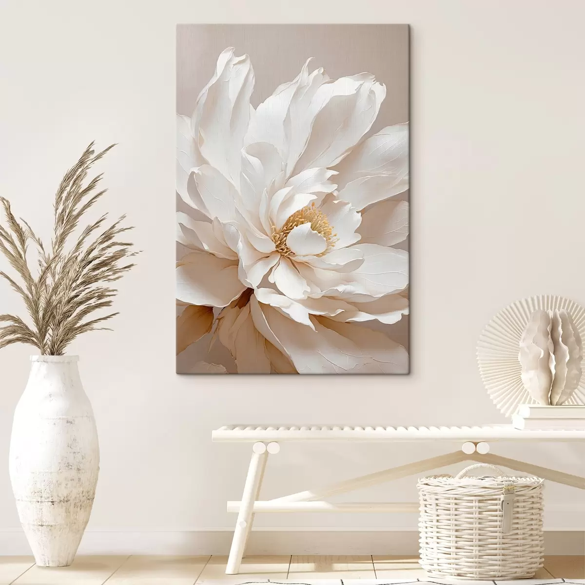  Peintures Fleur blanche sur fond beige s42778