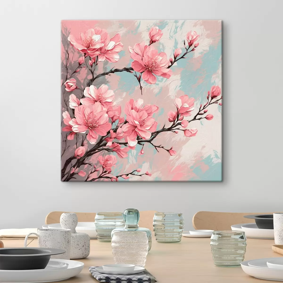 Schilderijen Roze bloemen en stengels in acrylschilderstijl s42918