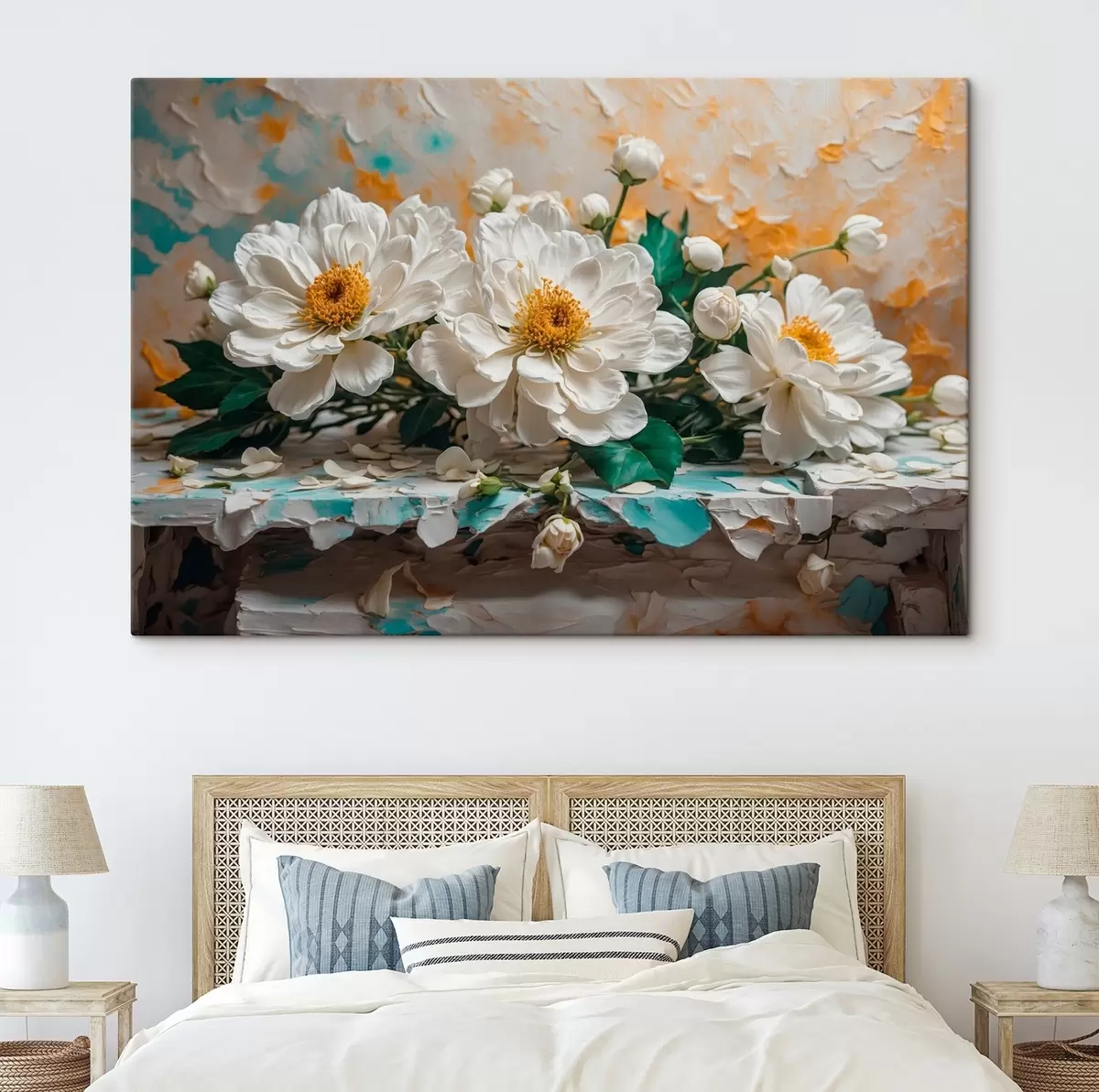  Schilderijen Witte bloemen op een tafel op abstracte achtergrond s42924