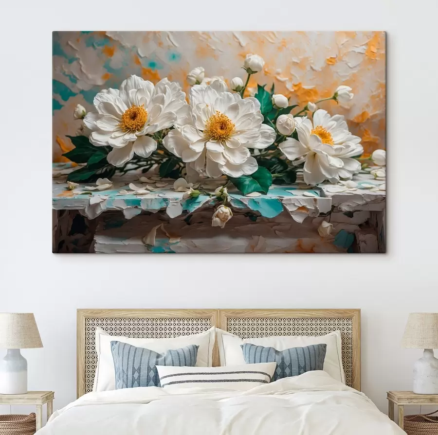  Peintures Fleurs blanches sur une table sur fond abstrait s42924