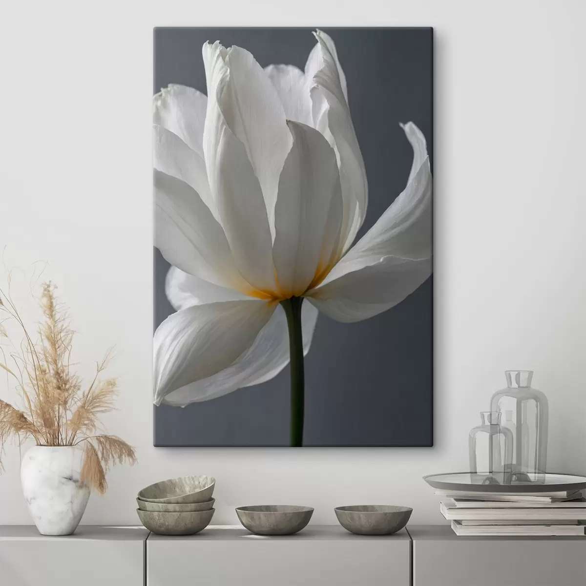  Peintures Fleur blanche sur fond gris s42779