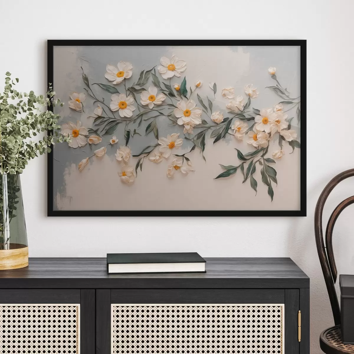 Affiche Blanc floweff et leavef on white et gfay backgound f42764