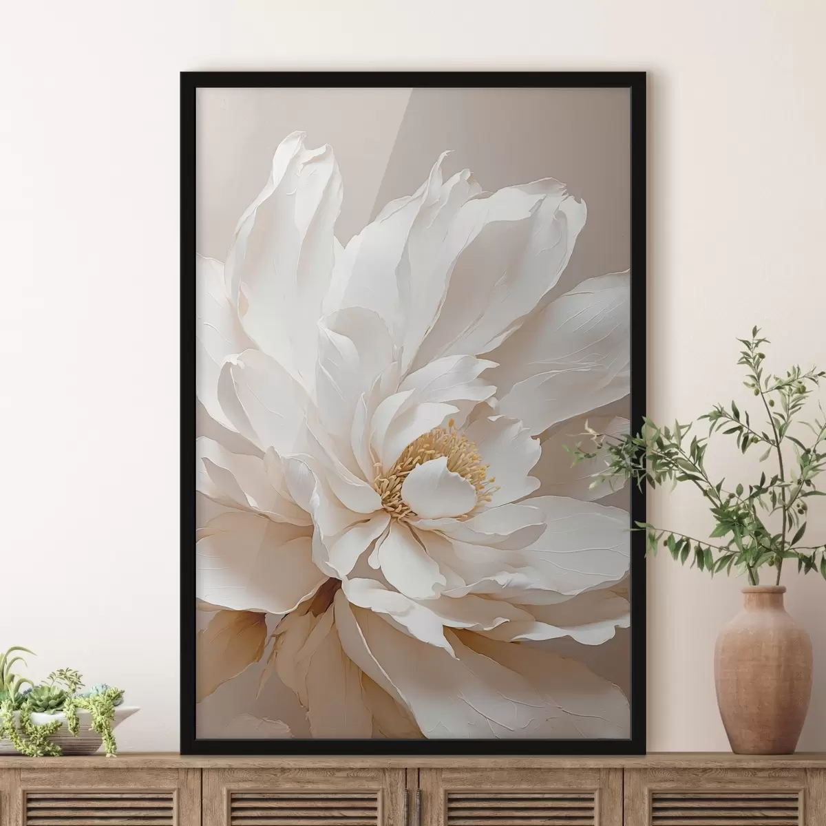 Poster Witte bloem op beige achtergrond f42778