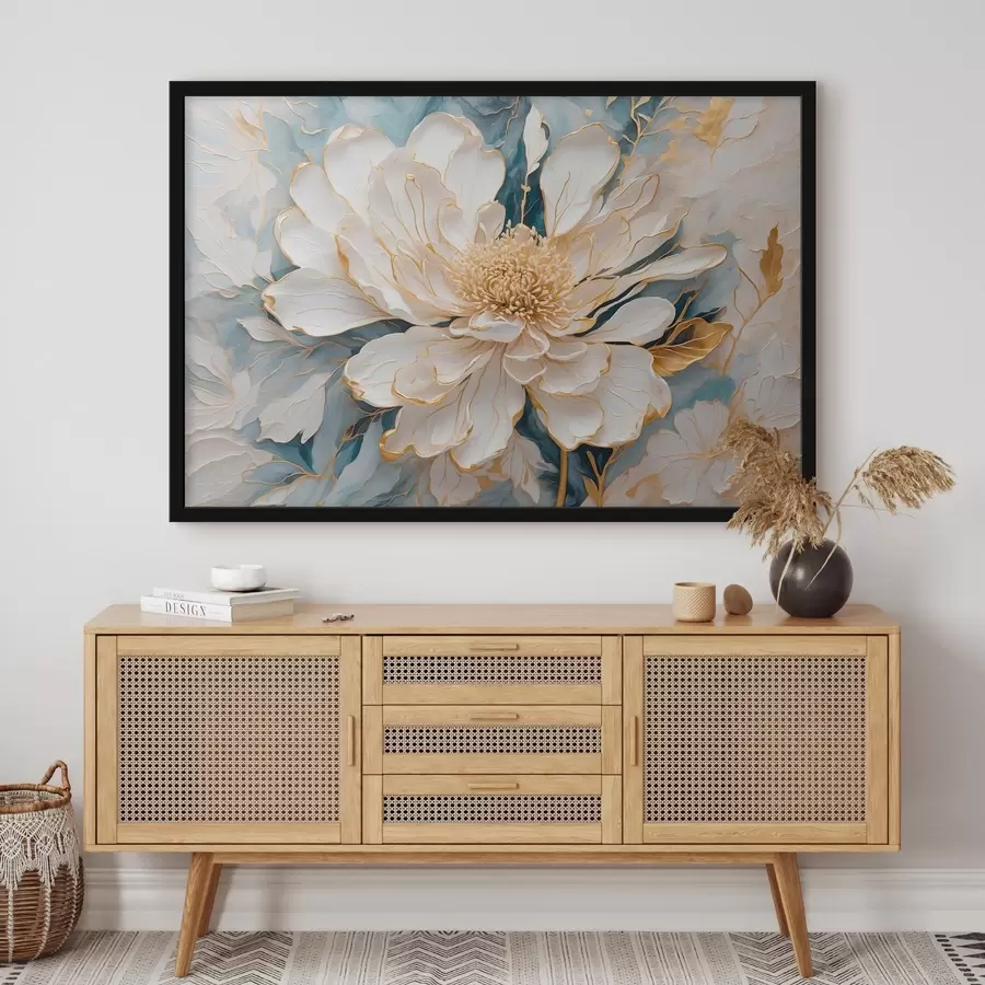 Fotobehang Witte bloem met contouren op een blauw-witte achtergrond f42923