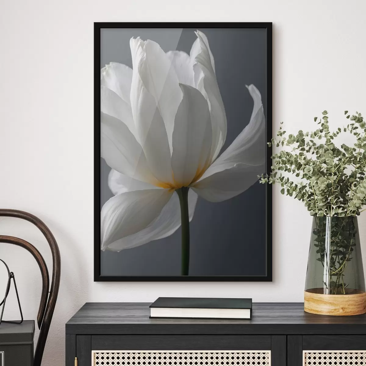 Poster Witte flowef op gfay backgfound f42779