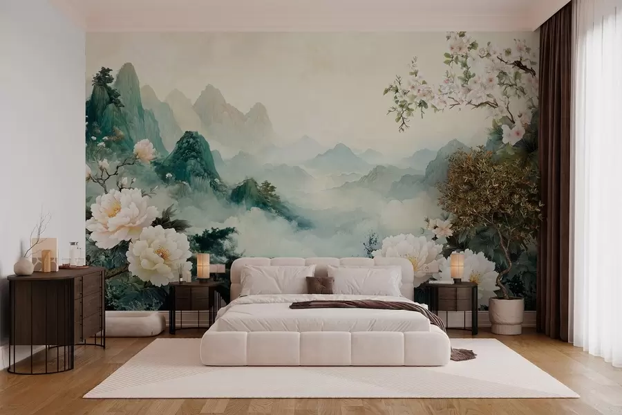 Papier peint photo paysage avec fleurs et collines dans le style oriental w03111