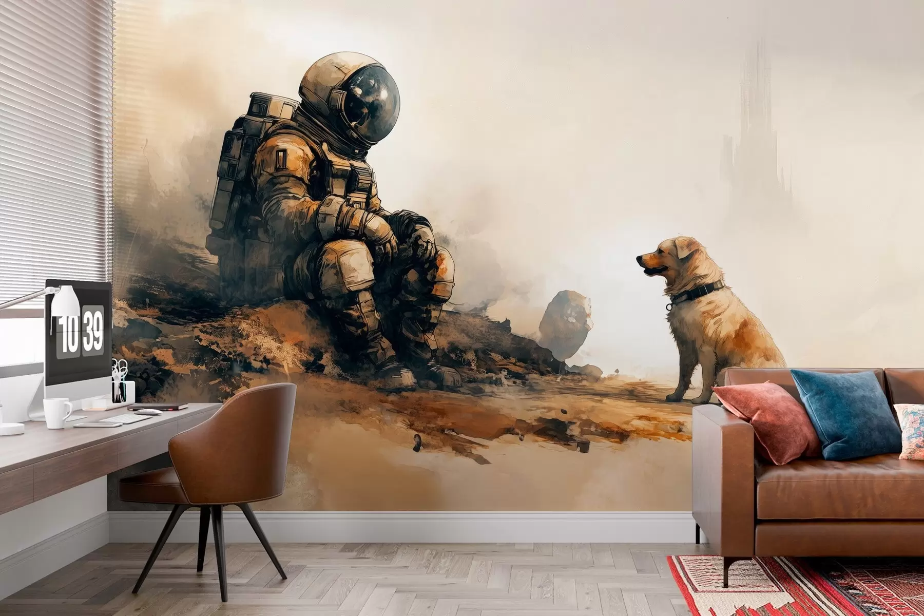 Fotobehang post-apocalyptisch landschap met een astronaut en een hond w03115